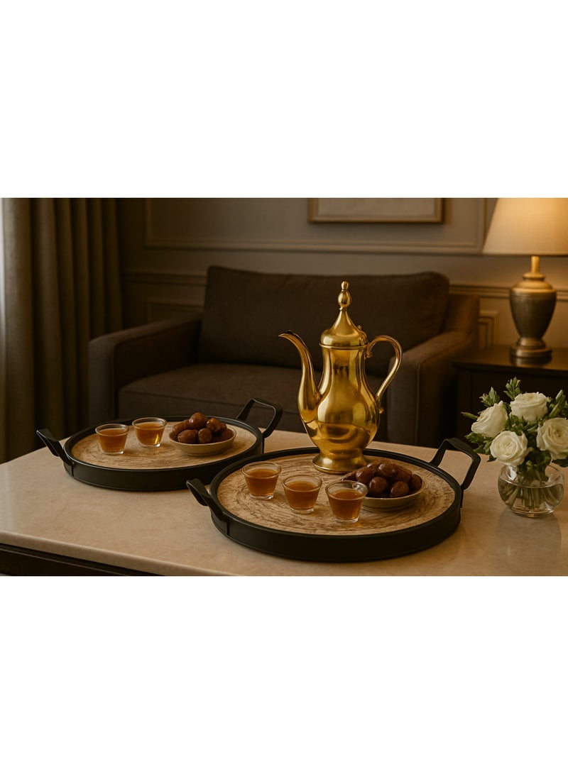 Elegant round serving tray set made of natural wicker and metal frame  - Image 2