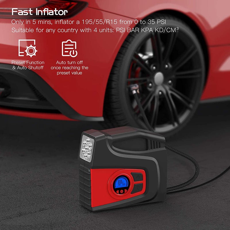 Portable Air Compressor Tire Inflator Air Pump for Car Tires DC 12V Tire Pump with Gauge Valve Adaptors LED Light for Automobiles Bike Motorbike Basketball Inflatables - Image 3