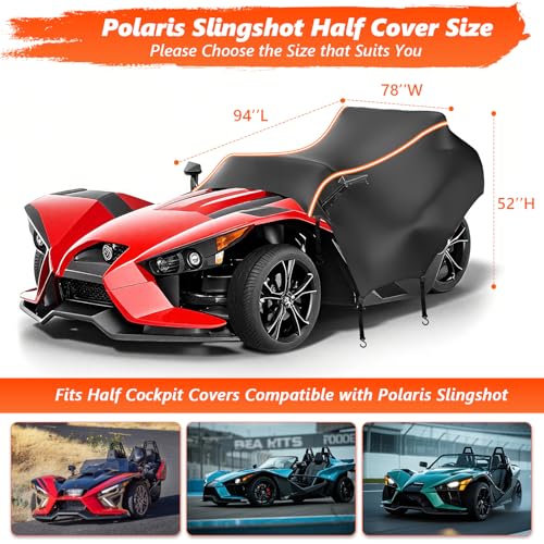 OVCRNIBI Polaris Slingshot Half Cover,600D Heavy Duty Waterproof Cover with Reflective Strips and Windproof Buckles for Polaris Slingshot,94''L x 78''W x 52’‘H - Image 2