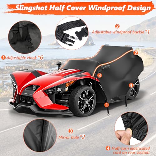 OVCRNIBI Polaris Slingshot Half Cover,600D Heavy Duty Waterproof Cover with Reflective Strips and Windproof Buckles for Polaris Slingshot,94''L x 78''W x 52’‘H - Image 4