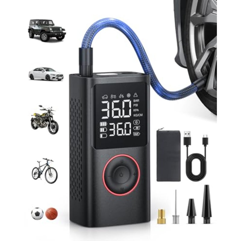 Portable Tyre Inflator Air Compressor, 1 unit, for car motorcycle bicycle balls, high-strength ABS plastic, rapid inflation up to 150 PSI, black, cordless with LED light and pressure gauge - Image 1