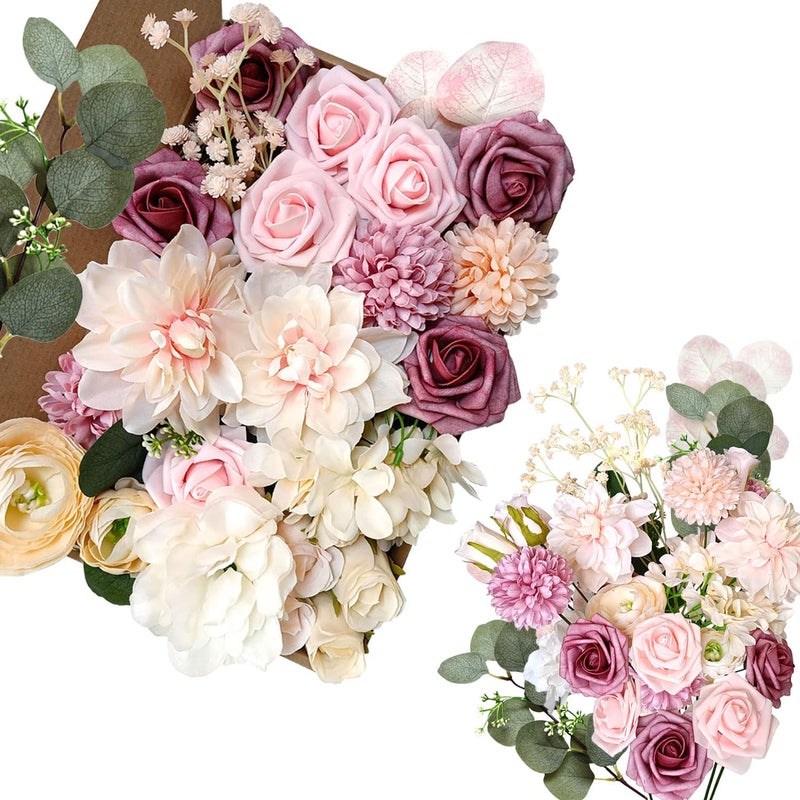 OrgMemory Silk Flowers Artificial Flower Bouquet Artificial Flowers Combo Box with Stems for DIY Floral Arrangements Bouquets Wedding Party Home Baby Shower Decor Champagne Dusty Pink