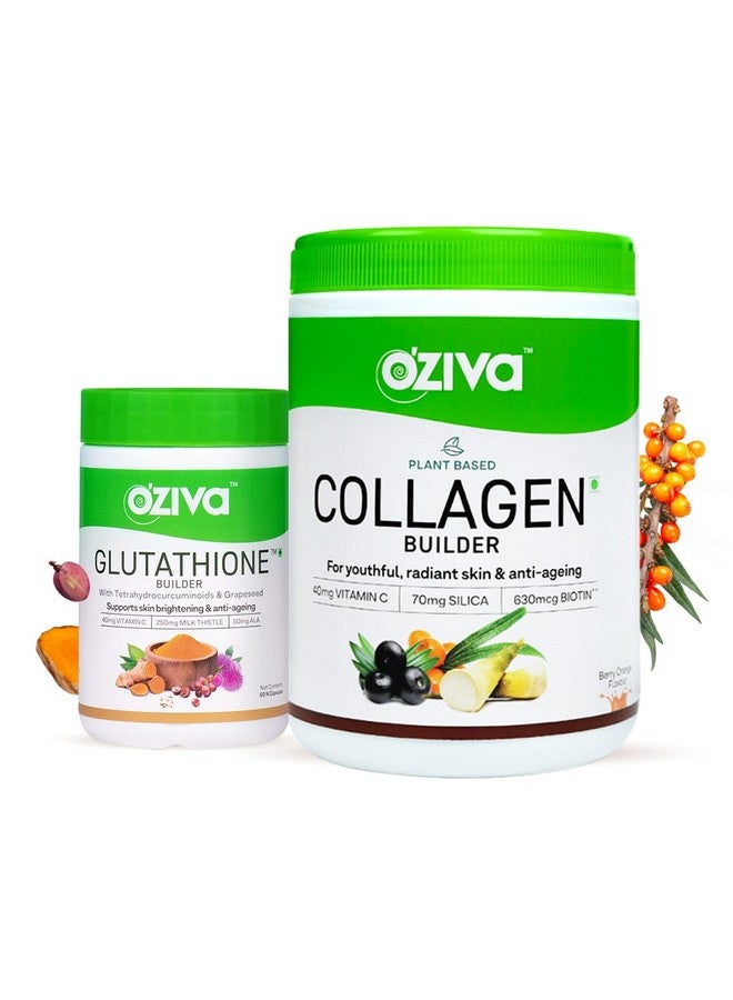 OZiva Plant Based Collagen Berry Orange Supplement 250 grams and OZiva Plant Based Glutathione Builder 60 Vegetarian Capsules - Image 1