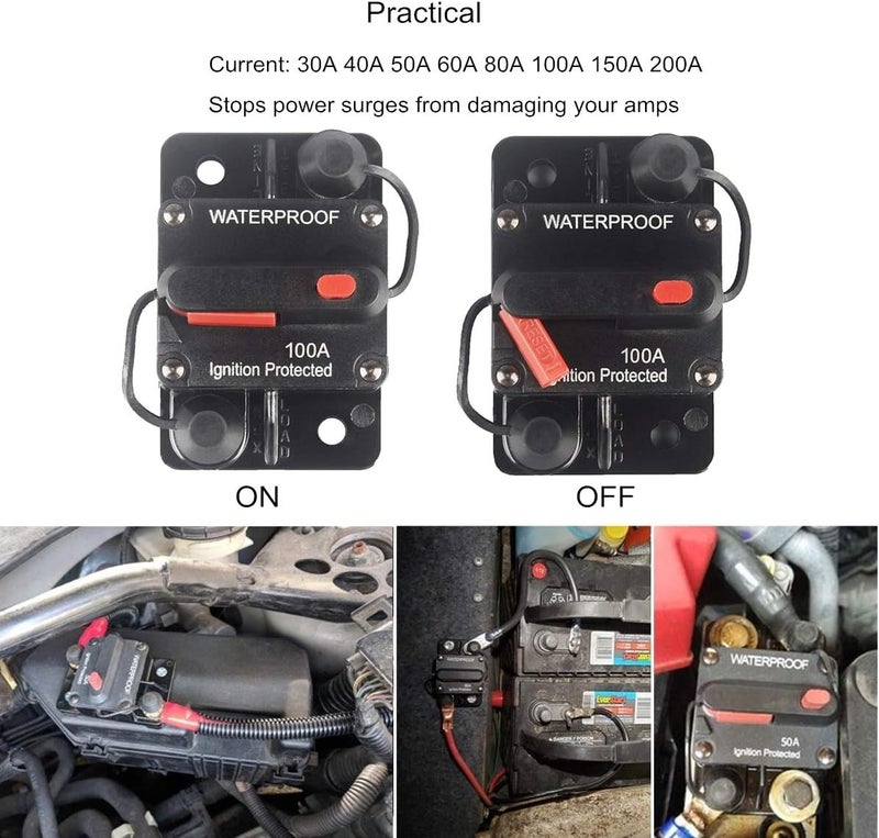 OUHL 100 Amp Circuit Breaker Manual Reset for Boat Trolling Car Truck Rv ATV,Water Proof DC 12V- 48V (100A) - Image 2