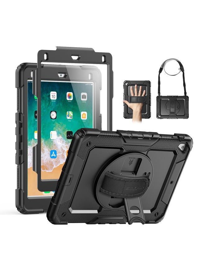 SEYMAC iPad Air 2 Case, iPad 5th/6th Generation Case, iPad Pro 9.7 Case, Shockproof Protective Case with 360° Degree Stand [Hand & Shoulder Strap] Screen Protector for iPad 9.7 Inch, Black - Image 1