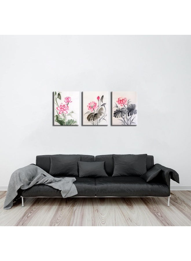 Home Trove Nan Wind Traditional Chinese Watercolor Painting Of Pink Lotus Canvas Prints 3 Panels 12X16Inches Wood Framed Lotus Flower Wall Art Blossom Print Painting For Bedroom Decor  - Image 4