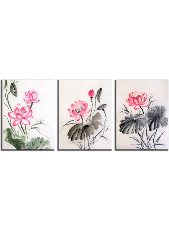 Home Trove Nan Wind Traditional Chinese Watercolor Painting Of Pink Lotus Canvas Prints 3 Panels 12X16Inches Wood Framed Lotus Flower Wall Art Blossom Print Painting For Bedroom Decor  - Image 2