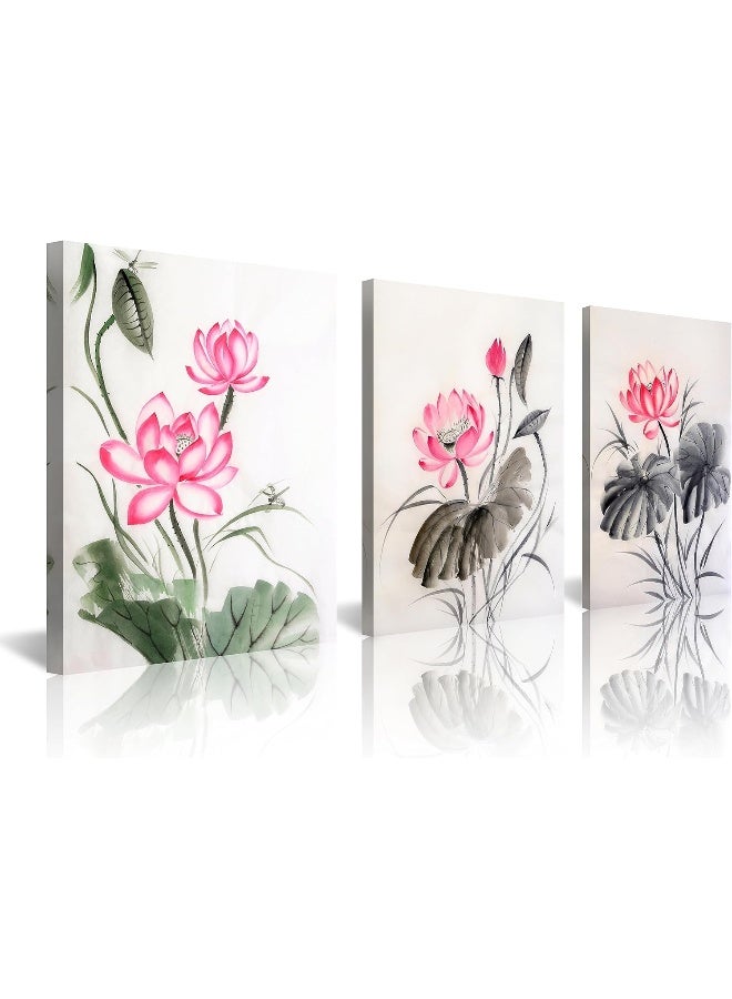 Home Trove Nan Wind Traditional Chinese Watercolor Painting Of Pink Lotus Canvas Prints 3 Panels 12X16Inches Wood Framed Lotus Flower Wall Art Blossom Print Painting For Bedroom Decor  - Image 1