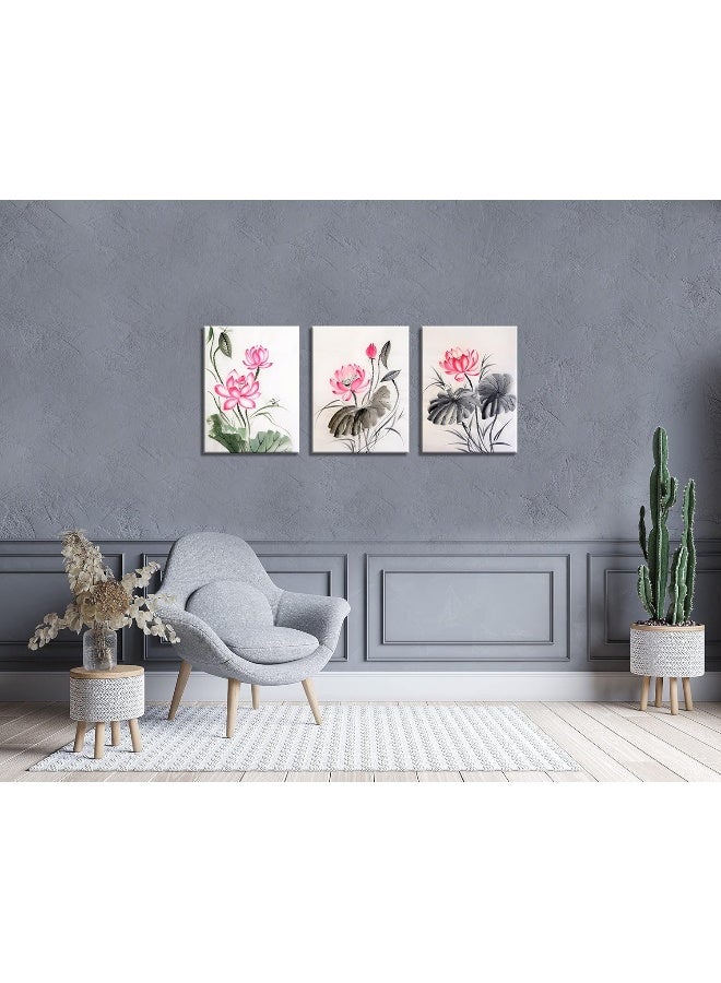 Home Trove Nan Wind Traditional Chinese Watercolor Painting Of Pink Lotus Canvas Prints 3 Panels 12X16Inches Wood Framed Lotus Flower Wall Art Blossom Print Painting For Bedroom Decor  - Image 5