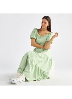 FAV Floral Textured Tiered Maxi Dress with Short Puff Sleeves and Square Neck  - Image 1