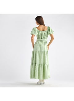 FAV Floral Textured Tiered Maxi Dress with Short Puff Sleeves and Square Neck  - Image 2