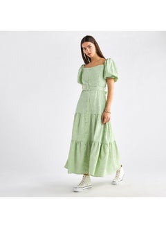 FAV Floral Textured Tiered Maxi Dress with Short Puff Sleeves and Square Neck  - Image 4
