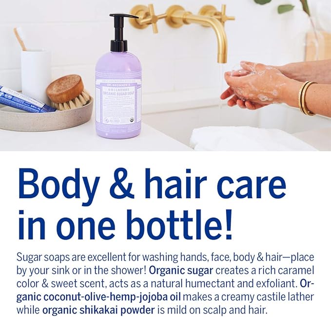 Dr. Bronner's صابون سكر شجرة الشاي العضوي 4 في 1 من دكتور برونر مصنوع من زيوت عضوية وسكر ومسحوق شيكايكي 701 مل زجاجة مضخة معاد تدويرها - Image 4