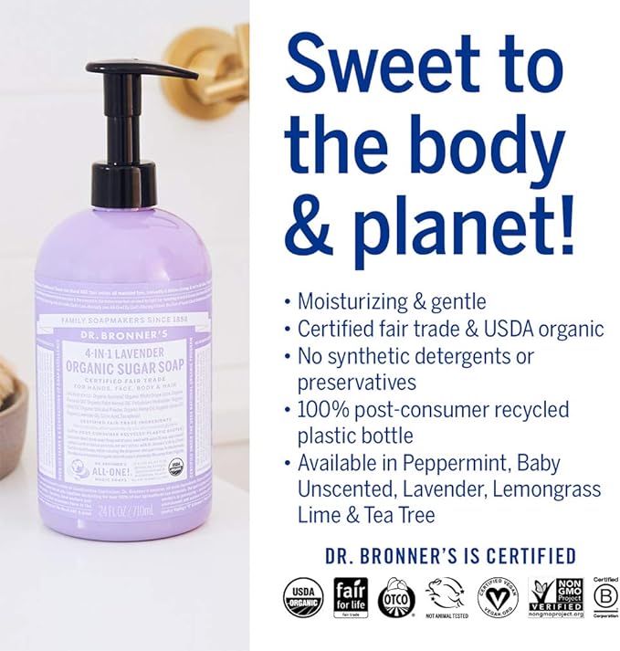 Dr. Bronner's صابون سكر شجرة الشاي العضوي 4 في 1 من دكتور برونر مصنوع من زيوت عضوية وسكر ومسحوق شيكايكي 701 مل زجاجة مضخة معاد تدويرها - Image 5