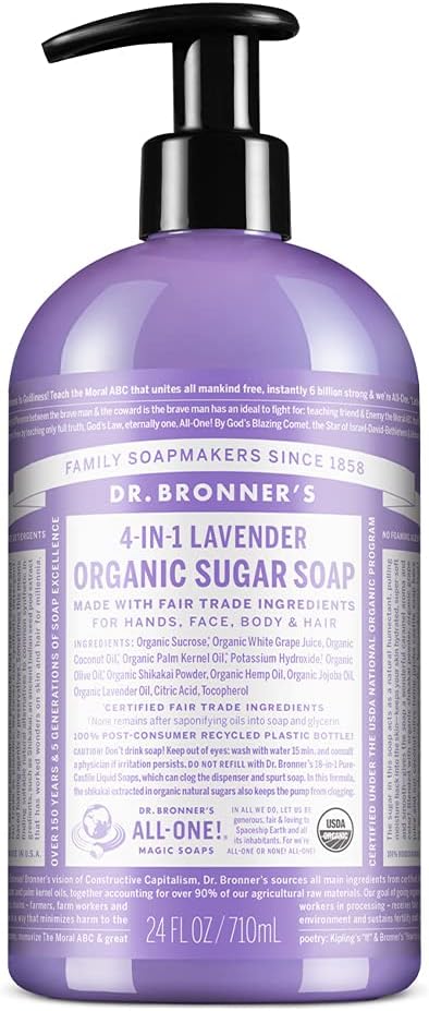 Dr. Bronner's صابون سكر شجرة الشاي العضوي 4 في 1 من دكتور برونر مصنوع من زيوت عضوية وسكر ومسحوق شيكايكي 701 مل زجاجة مضخة معاد تدويرها - Image 1