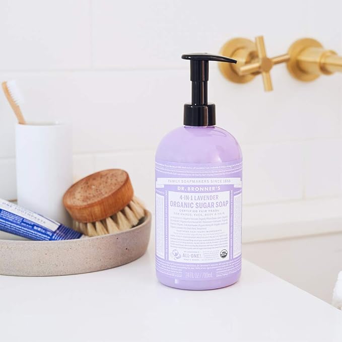 Dr. Bronner's صابون سكر شجرة الشاي العضوي 4 في 1 من دكتور برونر مصنوع من زيوت عضوية وسكر ومسحوق شيكايكي 701 مل زجاجة مضخة معاد تدويرها - Image 3
