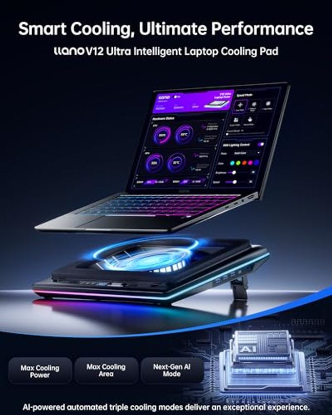 llano V12 Ultra Laptop Cooling Pad With Smart Software Control, Rgb Gaming Laptop Fan Cooler Stand, 5.5" Turbo Fan, Adjustable Speed, 3-Port Usb 3.0 Hub, 3 Height Stands, For 15.6"-19" Laptops, Black - Image 2