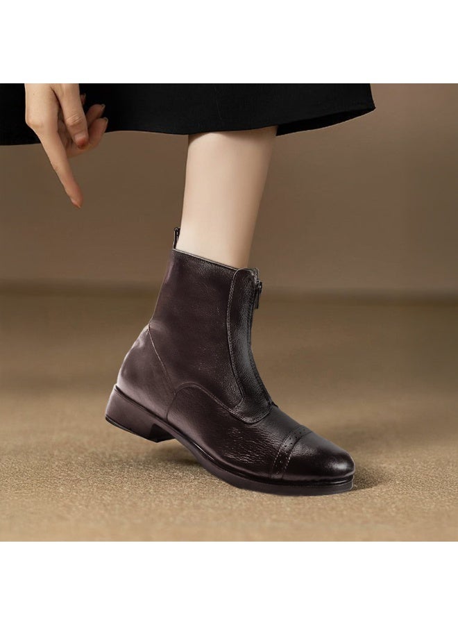 Mont Hawk Long Zipper Closure Retro Style Unisex Fashion Elegant Wear Long Outdoor Boots Women Shoes Mont Hawk Special Genuine Leather Boots (Brown) - Image 5