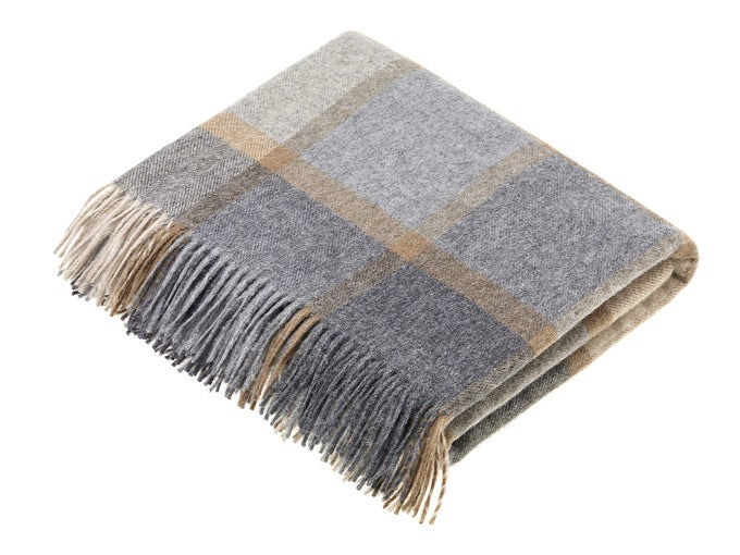WOOL PLAID THROW BLANKET MERINO LAMBSWOOL BLOCK WINDOWPANE BEIGE GREY MADE IN UK