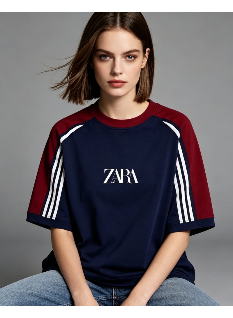 زارا ZARA contrast shoulder-thrust three-bar short-sleeved T-shirt for men and women loose retro sports letters couple half sleeve shirt - Image 2