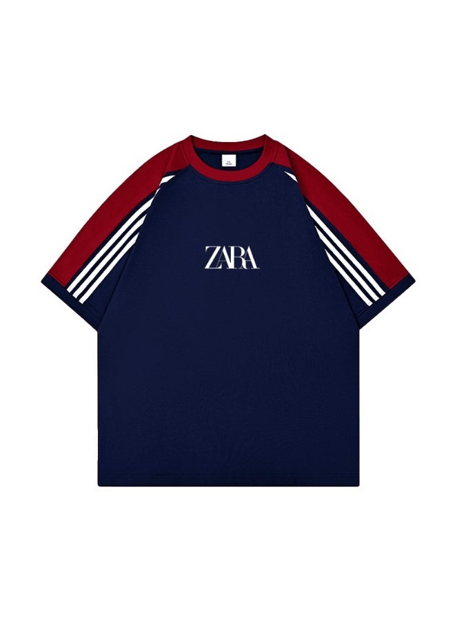 زارا ZARA contrast shoulder-thrust three-bar short-sleeved T-shirt for men and women loose retro sports letters couple half sleeve shirt - Image 3