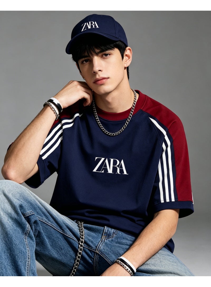 زارا ZARA contrast shoulder-thrust three-bar short-sleeved T-shirt for men and women loose retro sports letters couple half sleeve shirt - Image 1