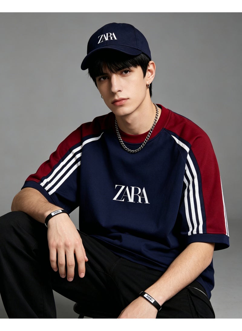 زارا ZARA contrast shoulder-thrust three-bar short-sleeved T-shirt for men and women loose retro sports letters couple half sleeve shirt - Image 5