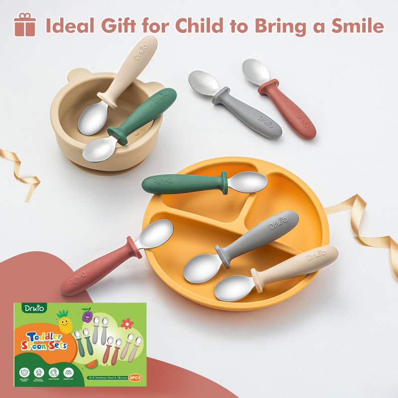 Drkio 8 Pcs Toddler Spoons Set - Baby Spoons With Silicone Handle Children Safe 18/8 Stainless Steel Toddler Utensils Set For Self Feeding Kids Silverware Anti-Choke Design Food Grade Dishwasher Safe - Image 5