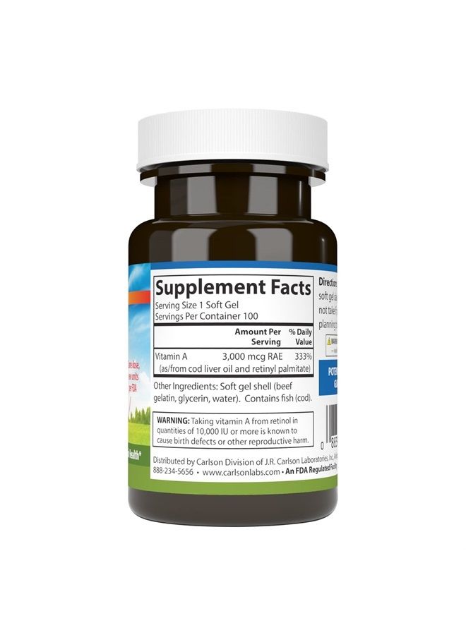 Carlson فيتامين أ، 10000 وحدة دولية (3000 ميكروغرام RAE)، صحة الرؤية، 100 كبسولة لينة - Image 2