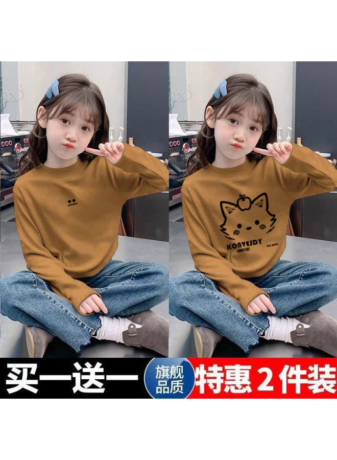Girls' Double-sided Velvet Long-sleeved T-shirt New Medium And Large Children's Outer Wear Pullover Half Turtleneck Warm Base Layer Shirt