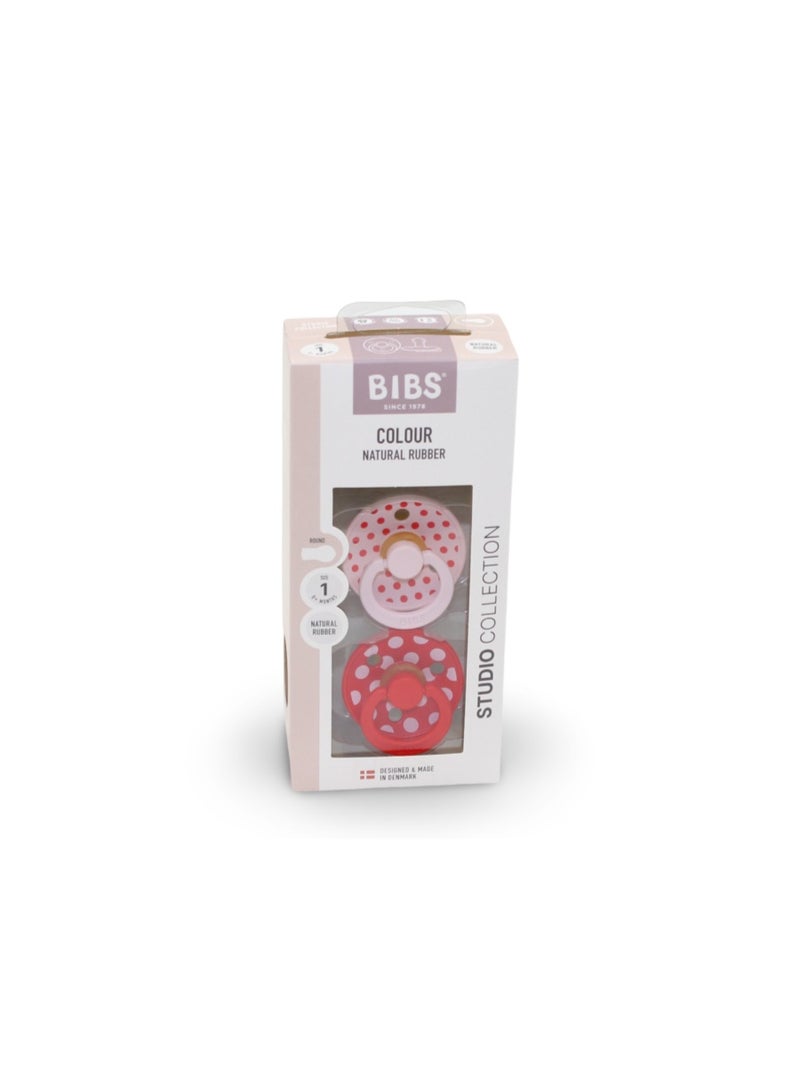 BIBS Pacifier Studio Colour 2 Pack – Polka Latex Size 1 Blossom/Candy Apple - Image 1