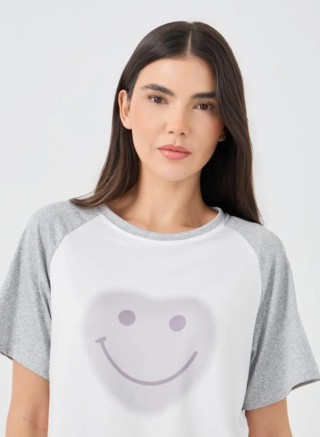 Take Two Take Two Raglan Sleeve Smile Printed T-Shirt and Shorts Pyjama Set