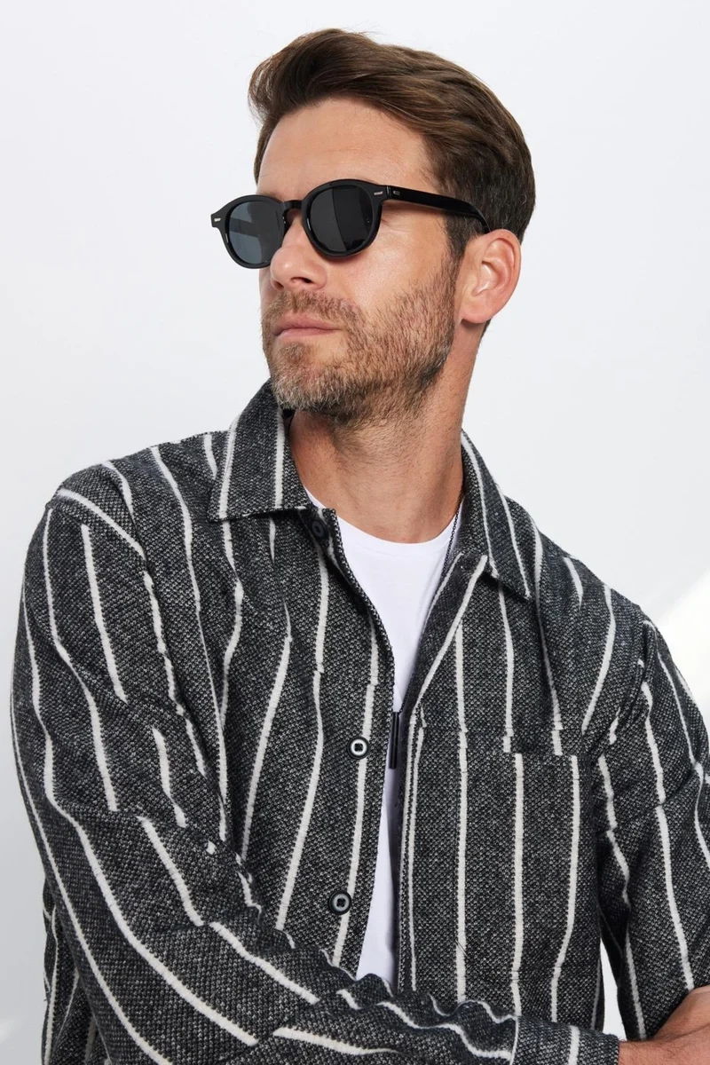 Tudors Men's Relax Fit Casual Cut Lumberjack Double Pocket Striped Black Winter Coat Shirt