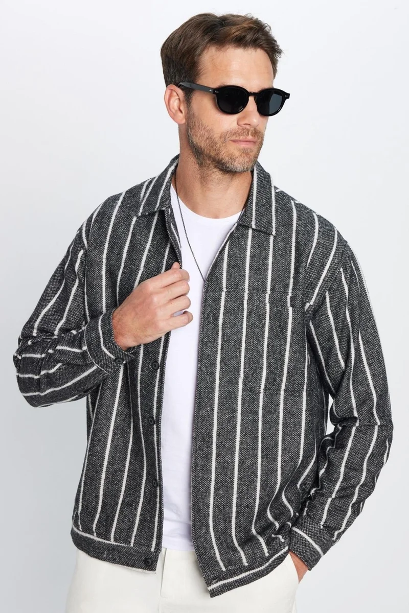 Tudors Men's Relax Fit Casual Cut Lumberjack Double Pocket Striped Black Winter Coat Shirt