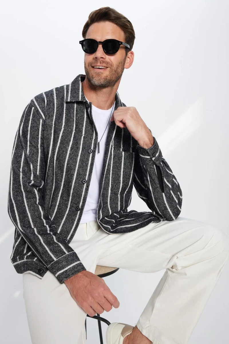 Tudors Men's Relax Fit Casual Cut Lumberjack Double Pocket Striped Black Winter Coat Shirt