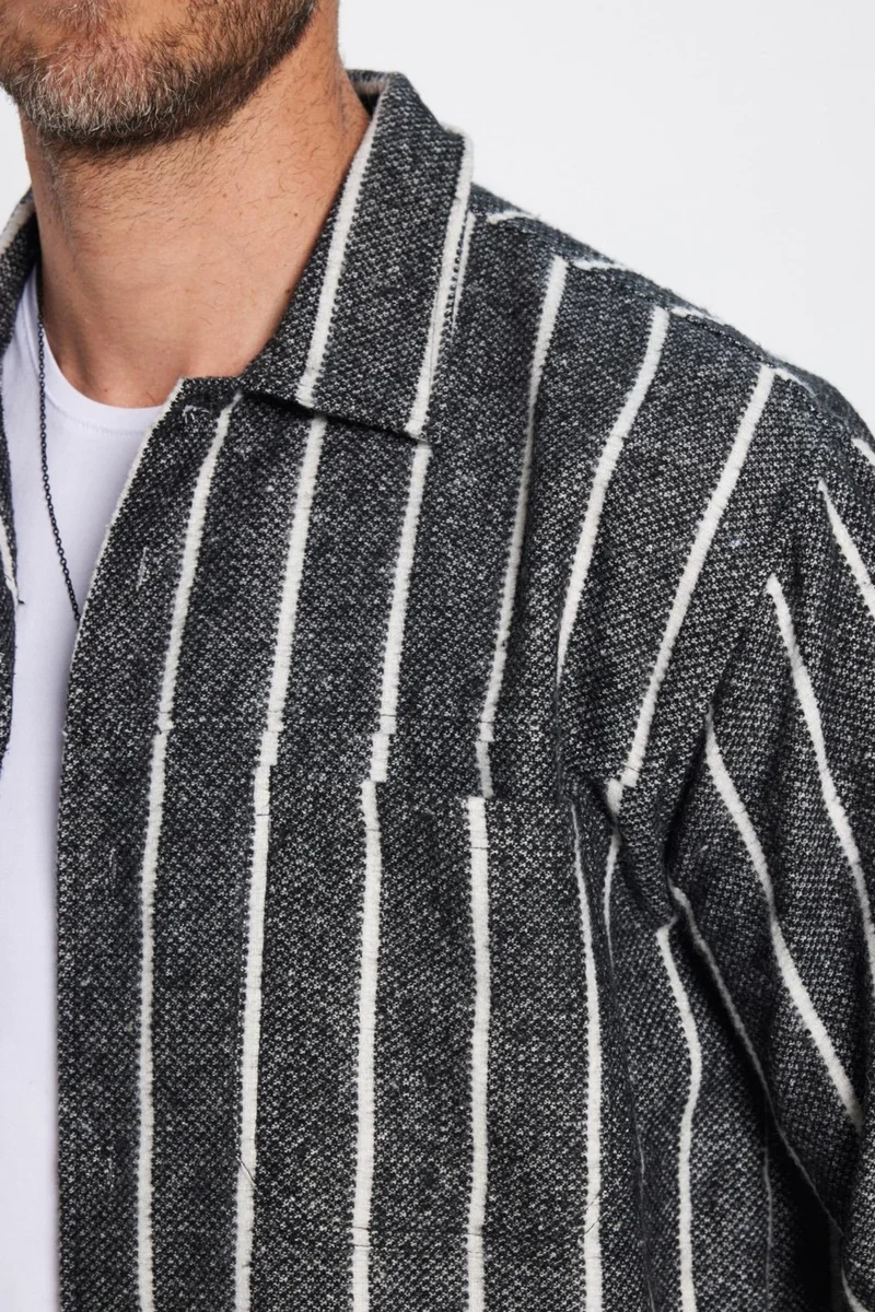 Tudors Men's Relax Fit Casual Cut Lumberjack Double Pocket Striped Black Winter Coat Shirt