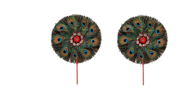 Firmus Pack Of 2 Piece Round Shape Mor Pankh FanPankha For Laddu GopalThakur Ji Multicolor