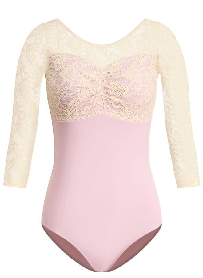 HROYL Women's 3/4 Sleeve Lace Leotards Ballet Dance Gymnastics Bodysuit, Pink, XS - Image 1