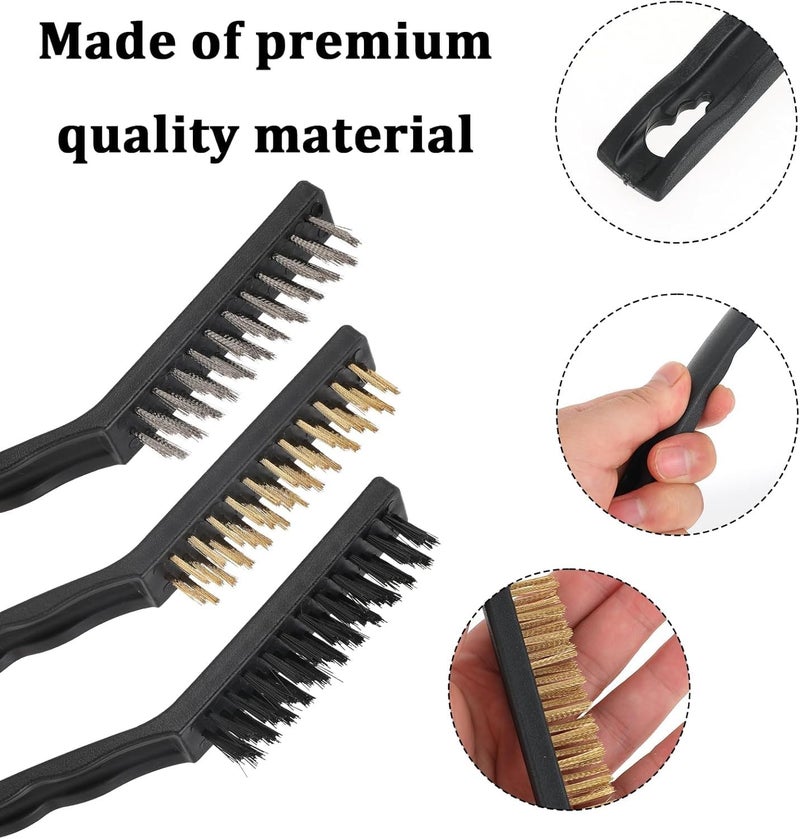 Wire Brush Set of 6 Curved Handle Nylon Brass Stainless Steel Cleaning Tool Kit for Rust Paint Stain Removal Multi Purpose Metal Kitchen Workshop Black - Image 2