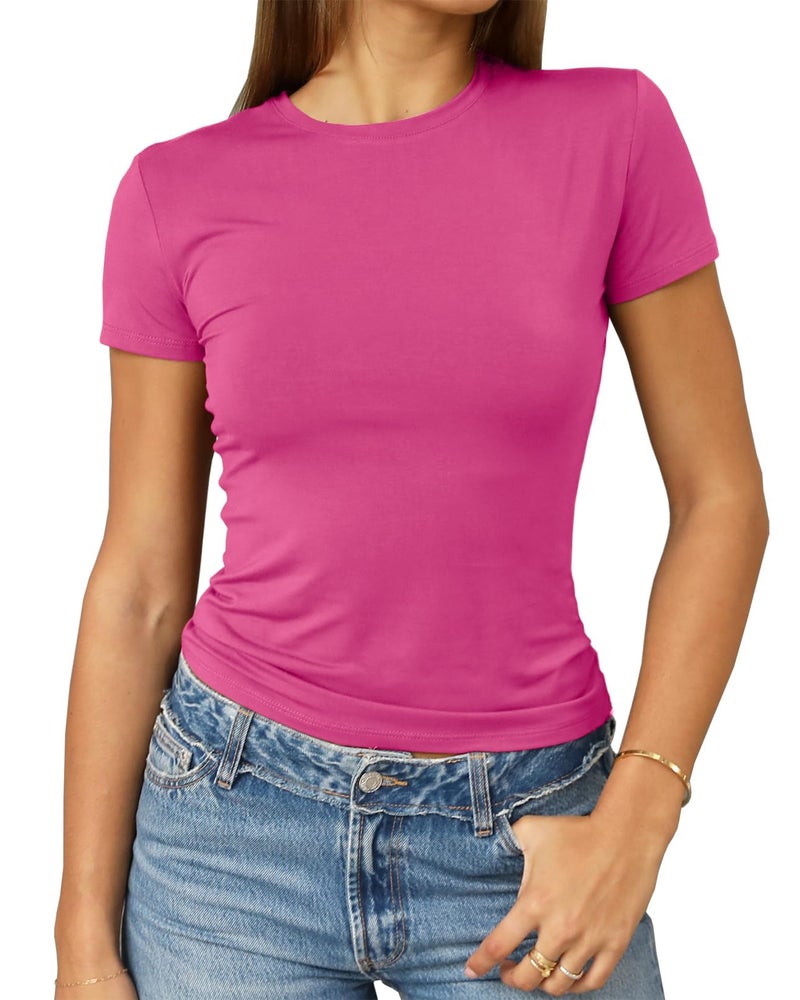 Abardsion Women's Casual Basic Going Out Crop Tops Slim Fit Short Sleeve Crew Neck Tight T Shirts 2026 (Hot Pink, S) - Image 1