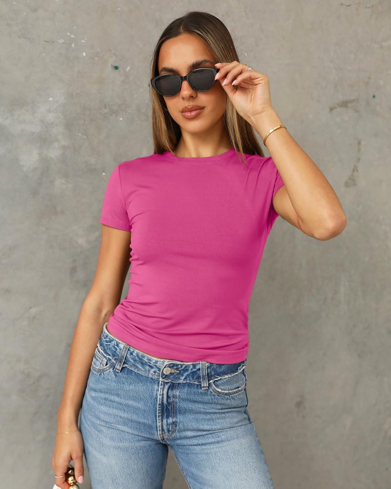 Abardsion Women's Casual Basic Going Out Crop Tops Slim Fit Short Sleeve Crew Neck Tight T Shirts 2026 (Hot Pink, S) - Image 2