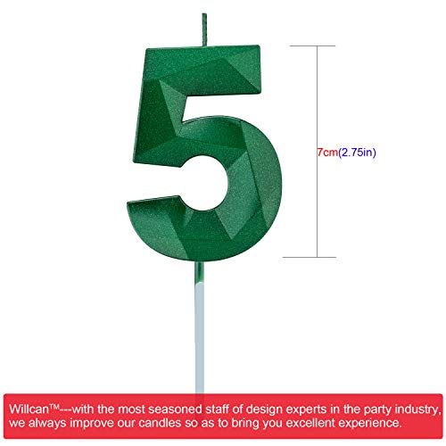 Willcan 2.75in 3D Diamond Shape Tall 5 Candles, Glitter 5 Green Color Happy Birthday Cake Toppers Decorating and Celebrating for Adults/Kids Party/Family Baking (Number 5) - Image 2