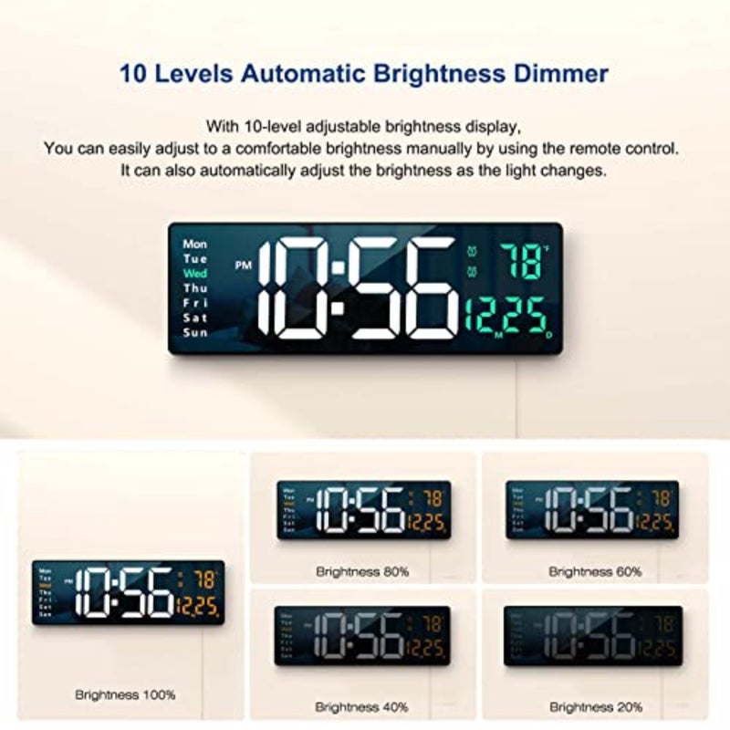 ساعة حائط رقمية بشاشة عرض كبيرة، ساعات حائط كبيرة مقاس 16.2 بوصة، ساعة رقمية LED حديثة مع جهاز تحكم عن بعد لديكور غرفة المعيشة، ساعة باهتة السطوع التلقائي مع درجة حرارة أسبوع التاريخ باللون الأخضر - Image 5