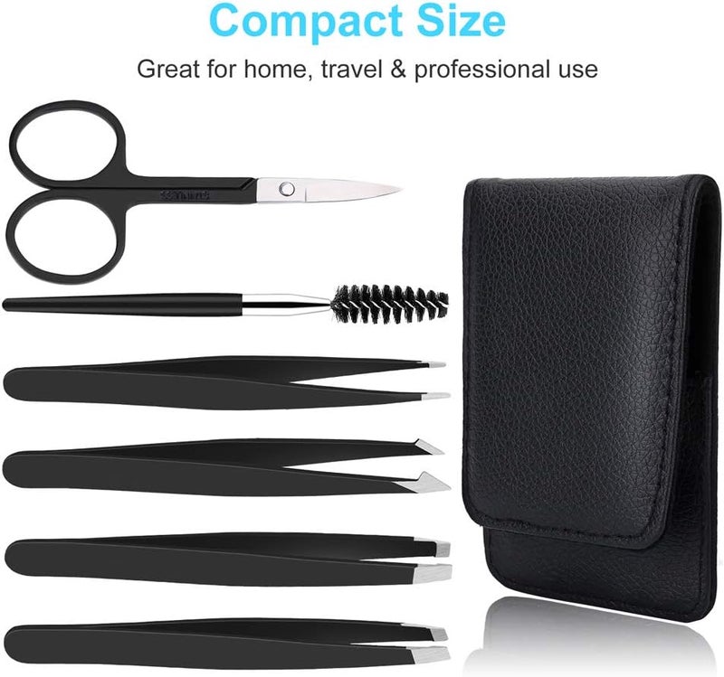 UUBAAR 6 PCS Professional Tweezers Set - Stainless Steel Precision Tweezer Kit for Eyebrows, Facial Hair, Ingrown Hair & Splinter Removal with Travel Case (Black) - Image 2