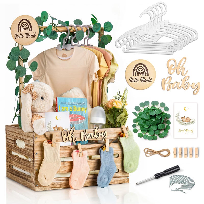 Giftacity Wooden Baby Shower Crate Closet - Personalized Baby Gift Baskets with Hangers and Handle, Brown Large Newborn Boy Girl Clothes Storage Box for Newborn New Parent - Image 1