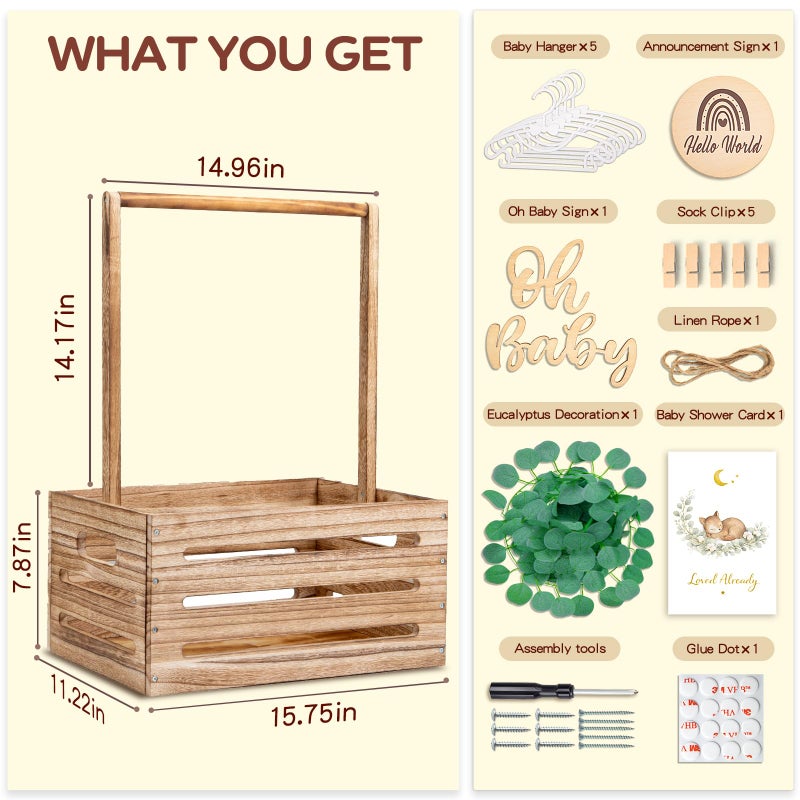 Giftacity Wooden Baby Shower Crate Closet - Personalized Baby Gift Baskets with Hangers and Handle, Brown Large Newborn Boy Girl Clothes Storage Box for Newborn New Parent - Image 3