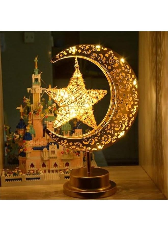 Arabest Battery-Operated Rustic Rattan Moon and Star Ramadan Lamp for Home Bedroom and Kitchen Decor, Boho Farmhouse Eid Mubarak Table Desk Decoration.  - Image 3