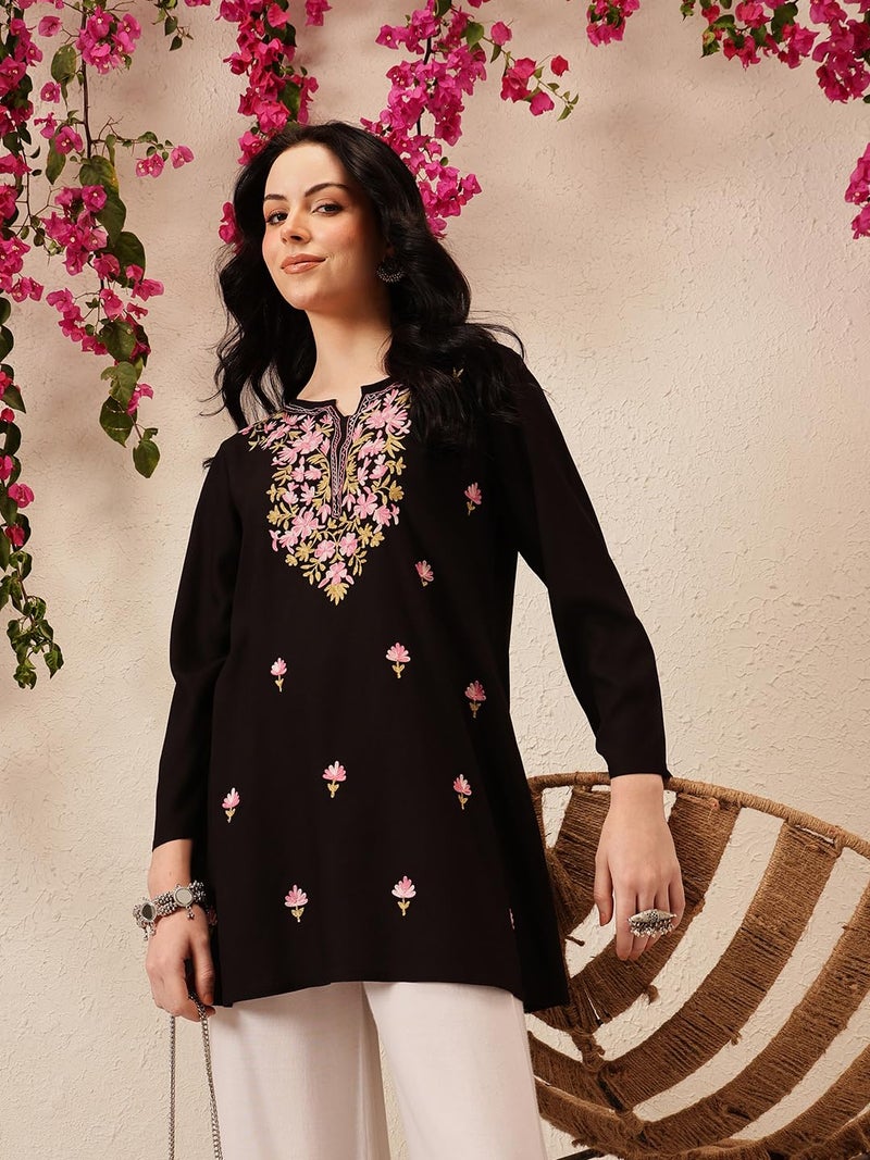 QAZMI Women's Kashmiri A-Line Flared Kurti_L Black - Image 2
