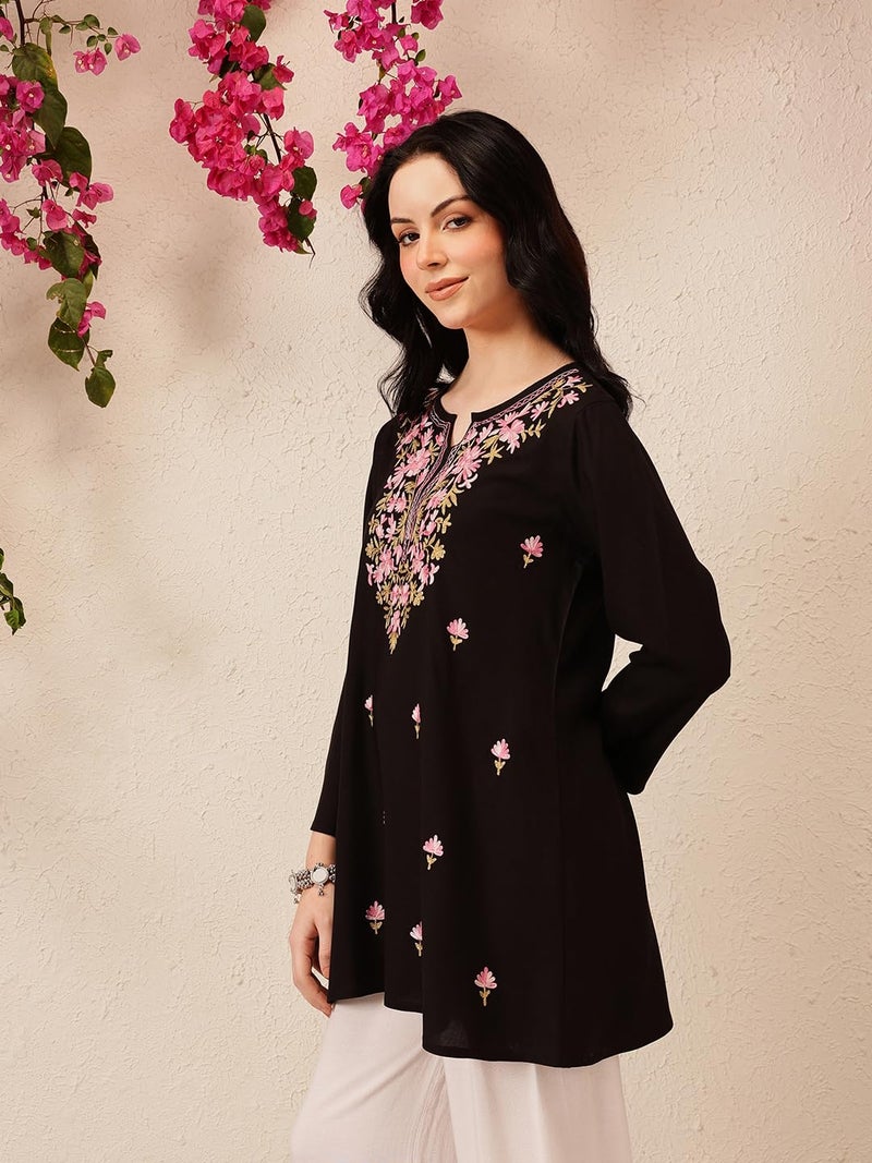 QAZMI Women's Kashmiri A-Line Flared Kurti_L Black - Image 5