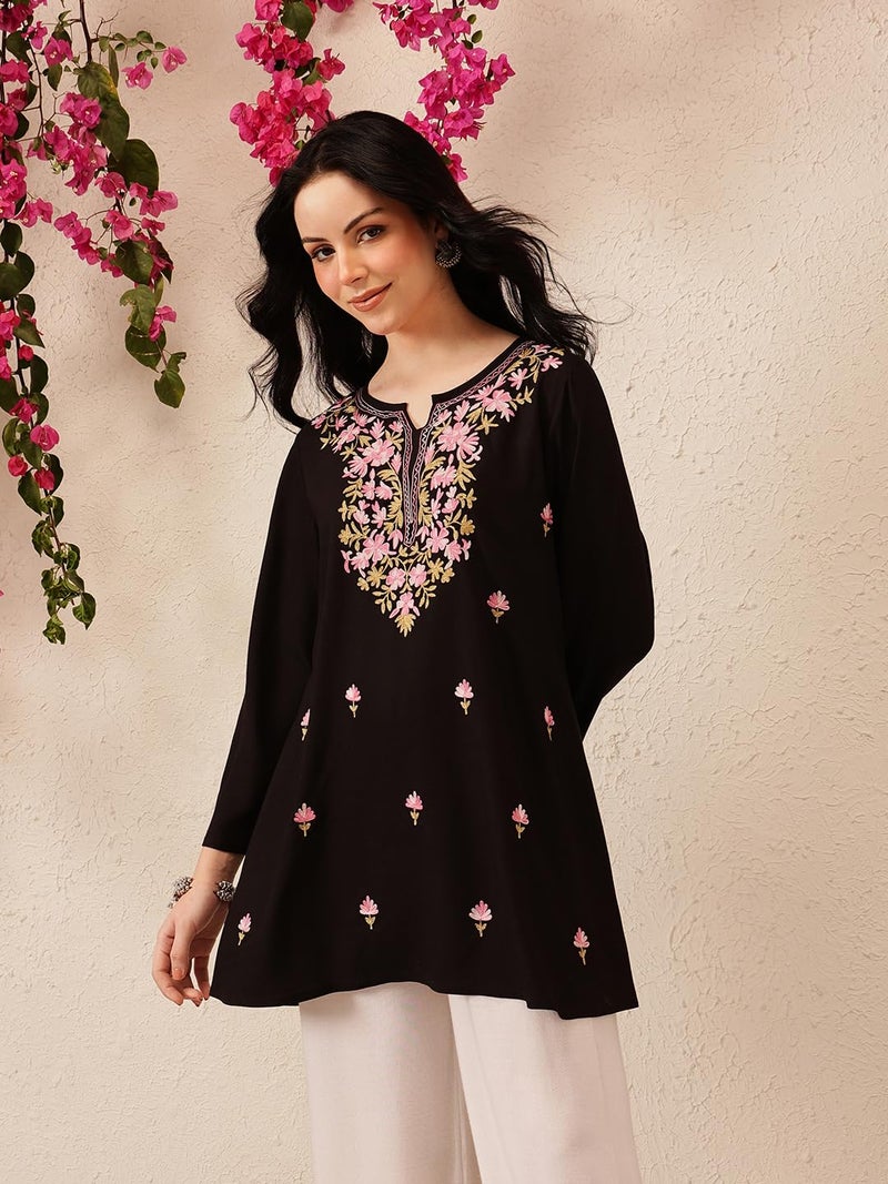 QAZMI Women's Kashmiri A-Line Flared Kurti_L Black - Image 4